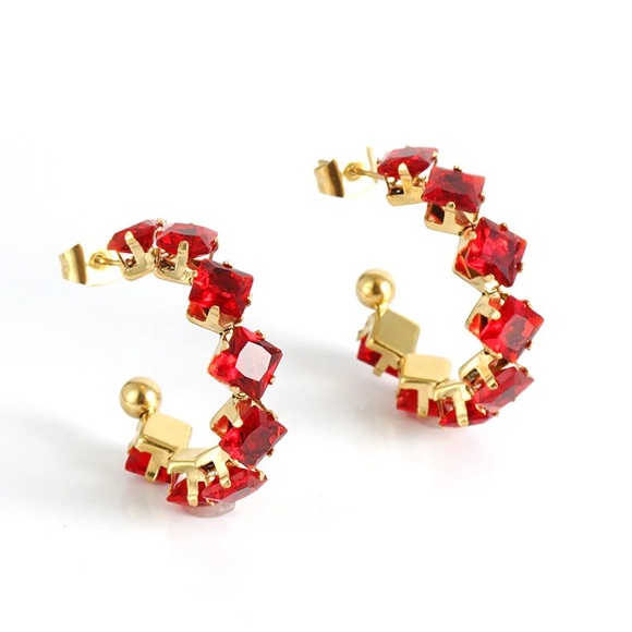 18K Gold Plated Hoop Earrings*Red Rudy Swarovski Crystal Birthstone Zircon*ZX - Picture 1 of 2